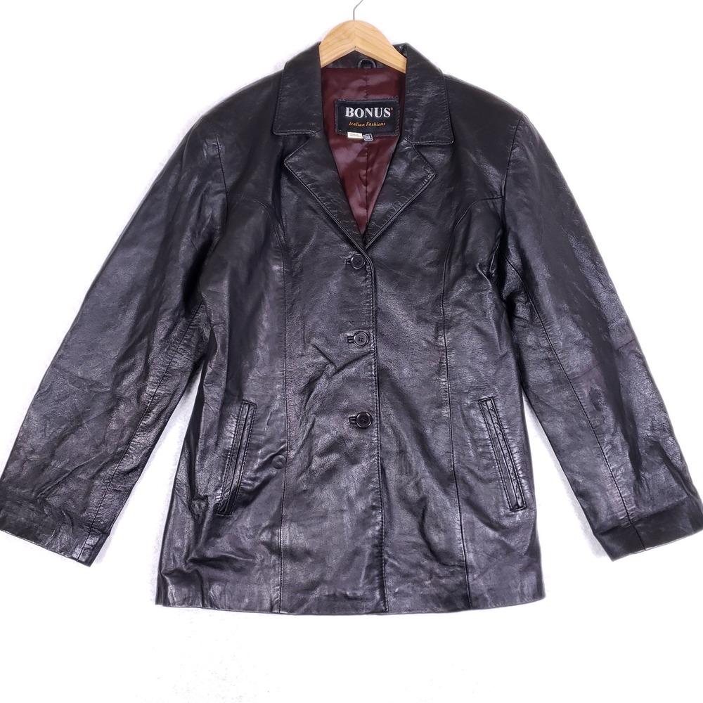 BONUS Italian Fashions‎ Leather Blazer Fits Like M L Black 90s Vintage Matrix